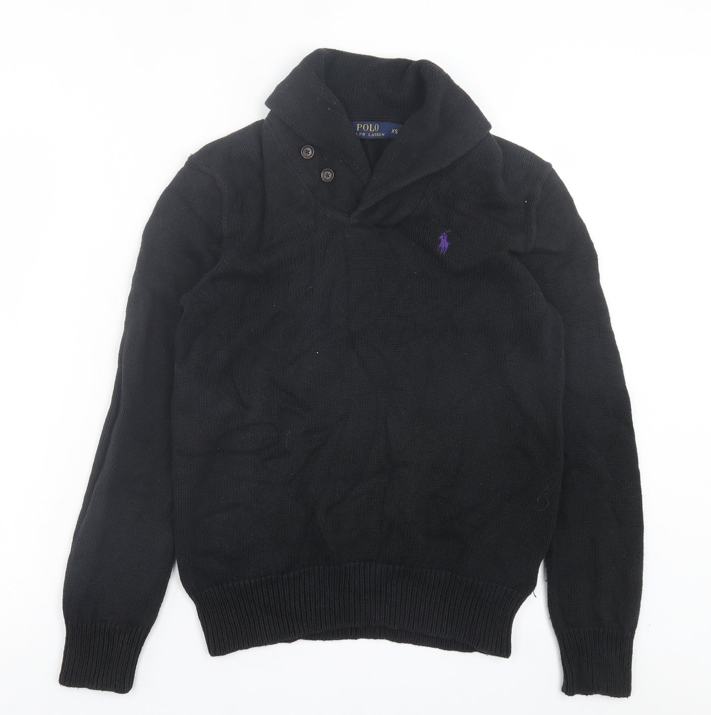 Ralph Lauren Mens Black Collared Cotton Pullover Jumper Size XS