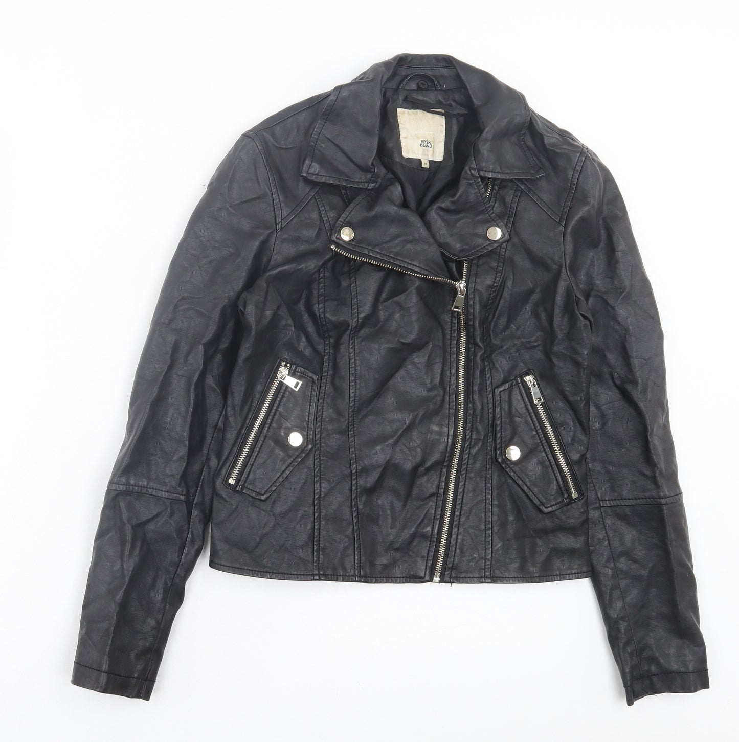 River Island Womens Black Biker Jacket Size 10 Zip - Faux Leather