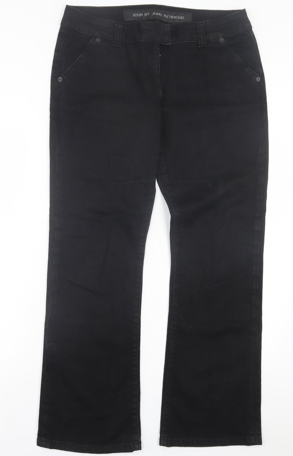 John Richmond Womens Black Cotton Bootcut Jeans Size 14 L31 in Regular Hook & Eye