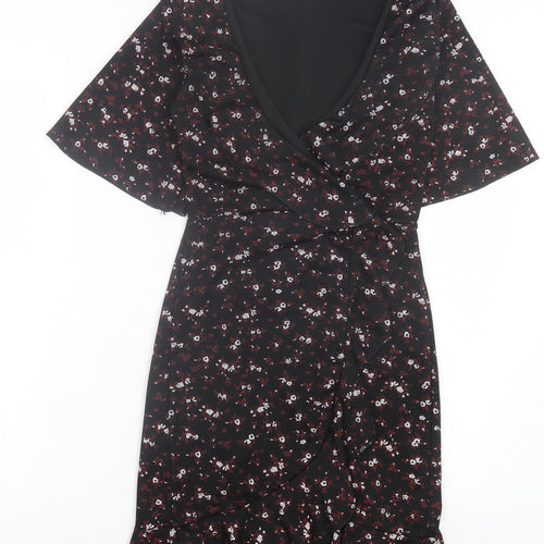 PRETTYLITTLETHING Womens Black Floral Polyester Shift Size 4 V-Neck Pullover