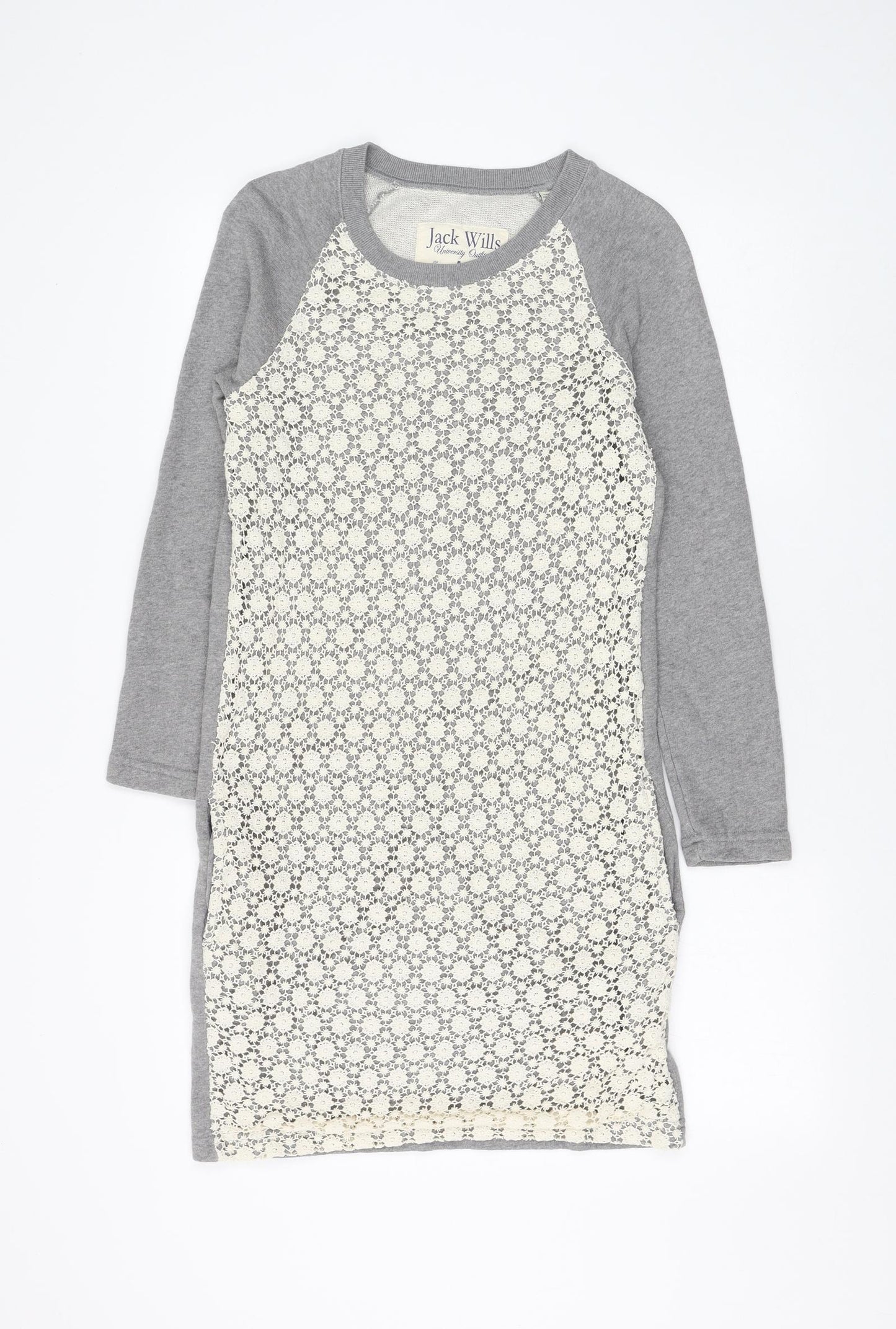 Jack Wills Womens Grey Floral Cotton Jumper Dress Size 10 Round Neck Pullover