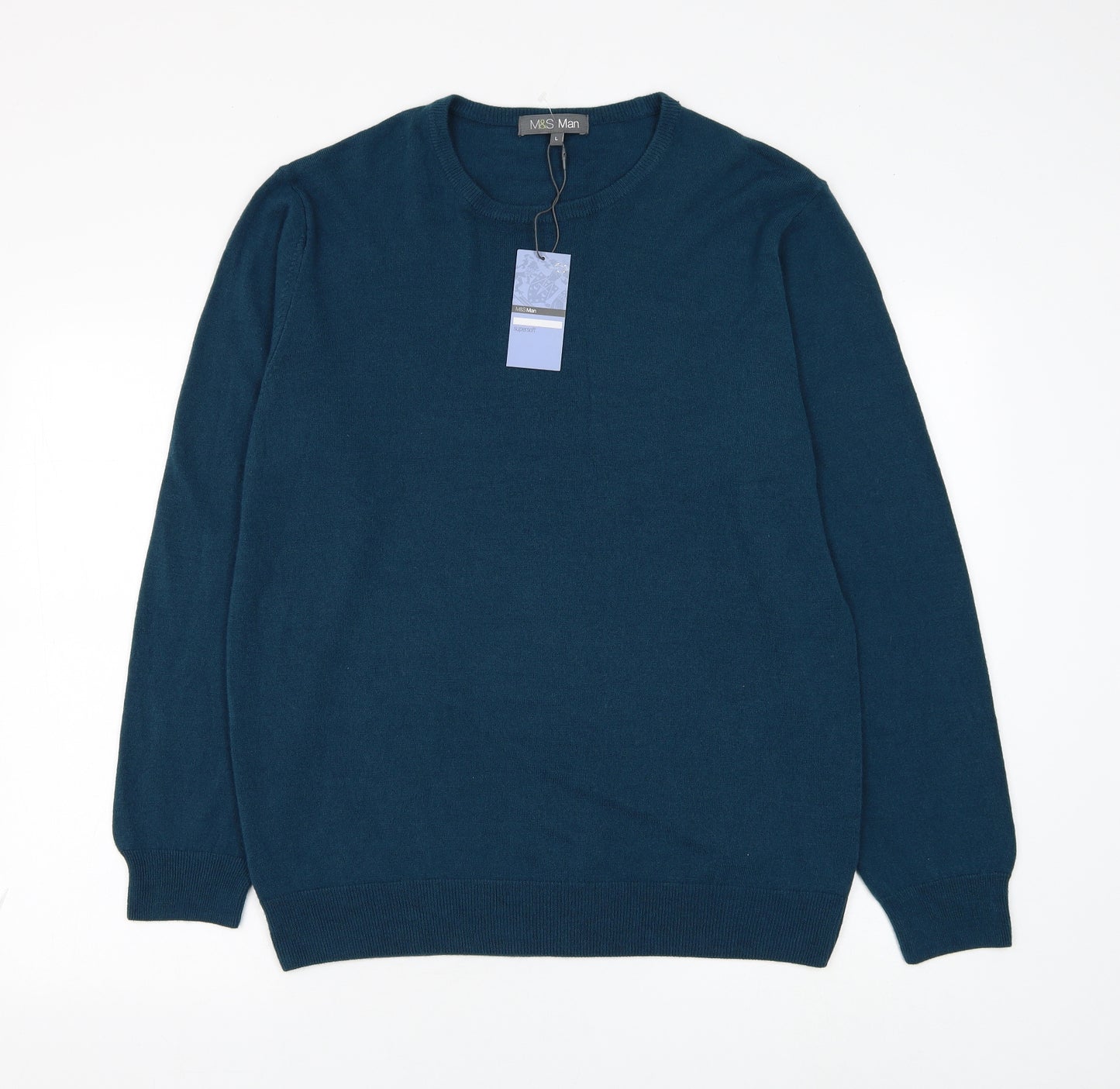 Marks and Spencer Mens Blue Round Neck Acrylic Pullover Jumper Size L