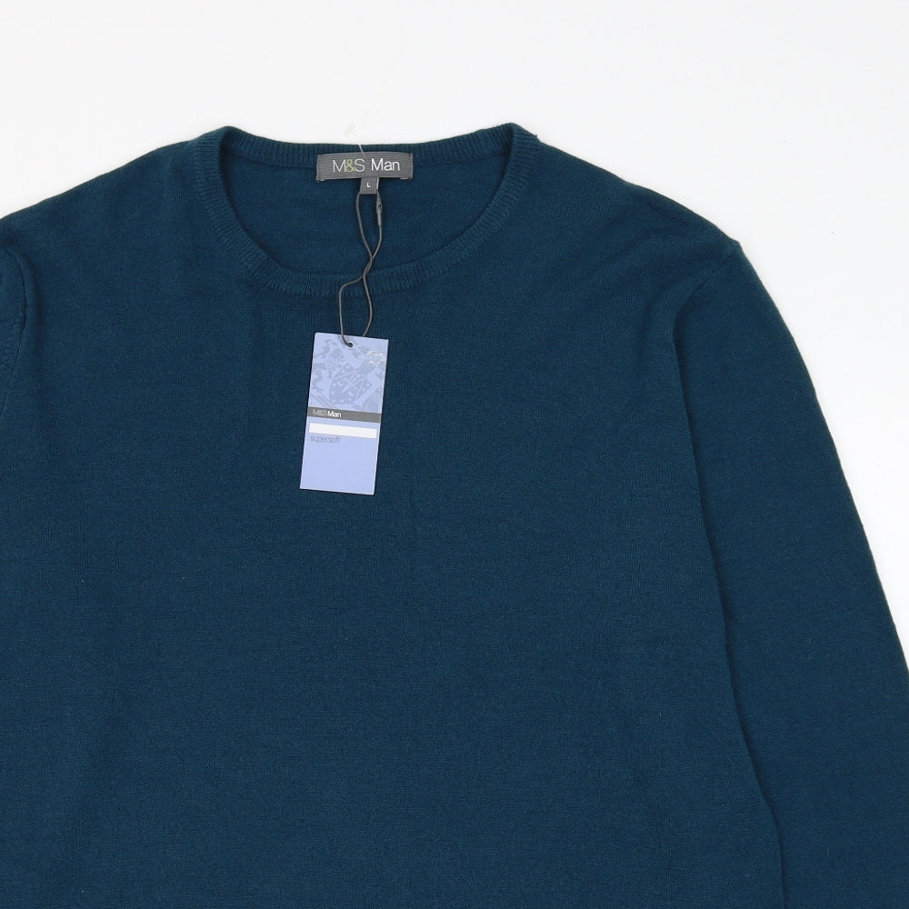 Marks and Spencer Mens Blue Round Neck Acrylic Pullover Jumper Size L