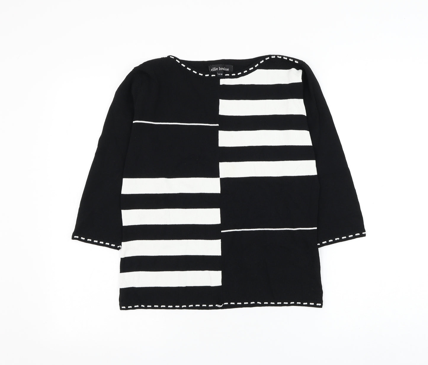 Ellie Louise Womens Black Round Neck Striped Viscose Pullover Jumper Size 14