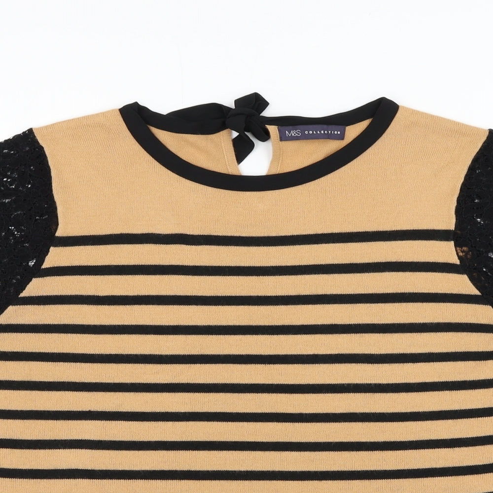 Marks and Spencer Womens Brown Round Neck Striped Acrylic Pullover Jumper Size 14 - Lace Sleeve