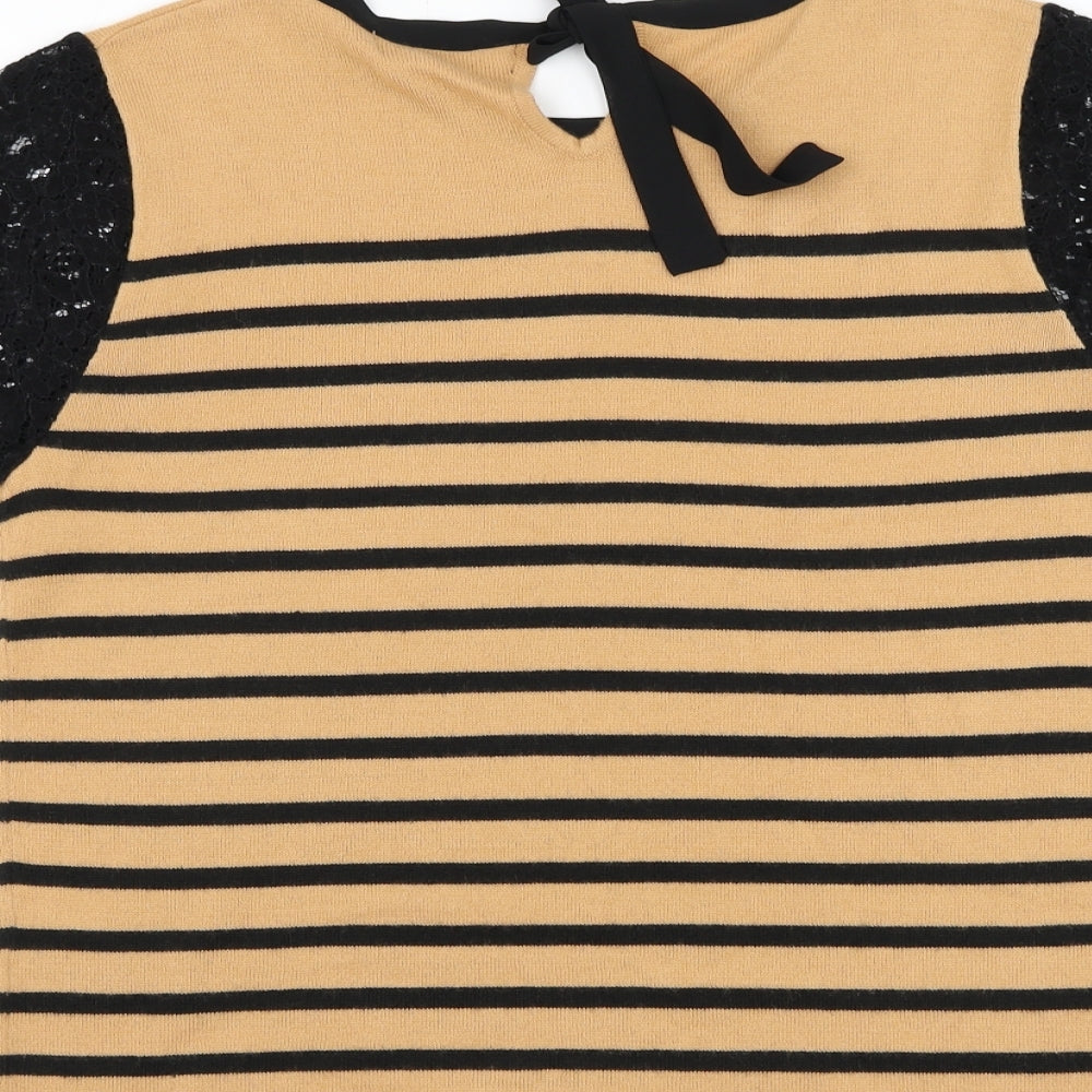 Marks and Spencer Womens Brown Round Neck Striped Acrylic Pullover Jumper Size 14 - Lace Sleeve