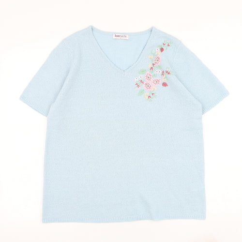 Bonmarché Womens Blue V-Neck Acrylic Pullover Jumper Size M - Flower
