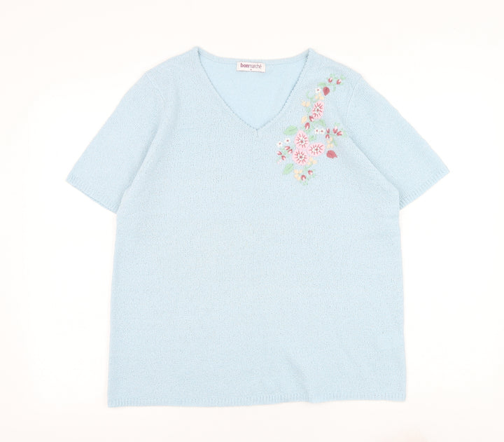 Bonmarché Womens Blue V-Neck Acrylic Pullover Jumper Size M - Flower