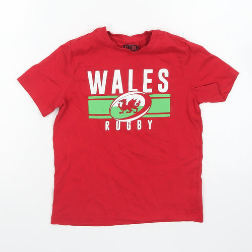 George Boys Red Cotton Basic T-Shirt Size 6-7 Years Round Neck Pullover - Wales Rugby