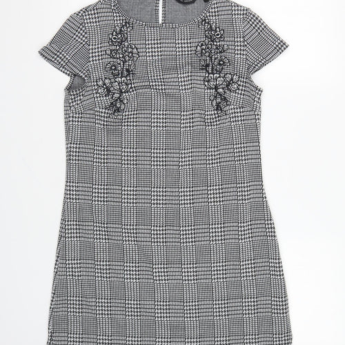 Dorothy Perkins Womens Black Houndstooth Polyester Shift Size 8 Round Neck Button