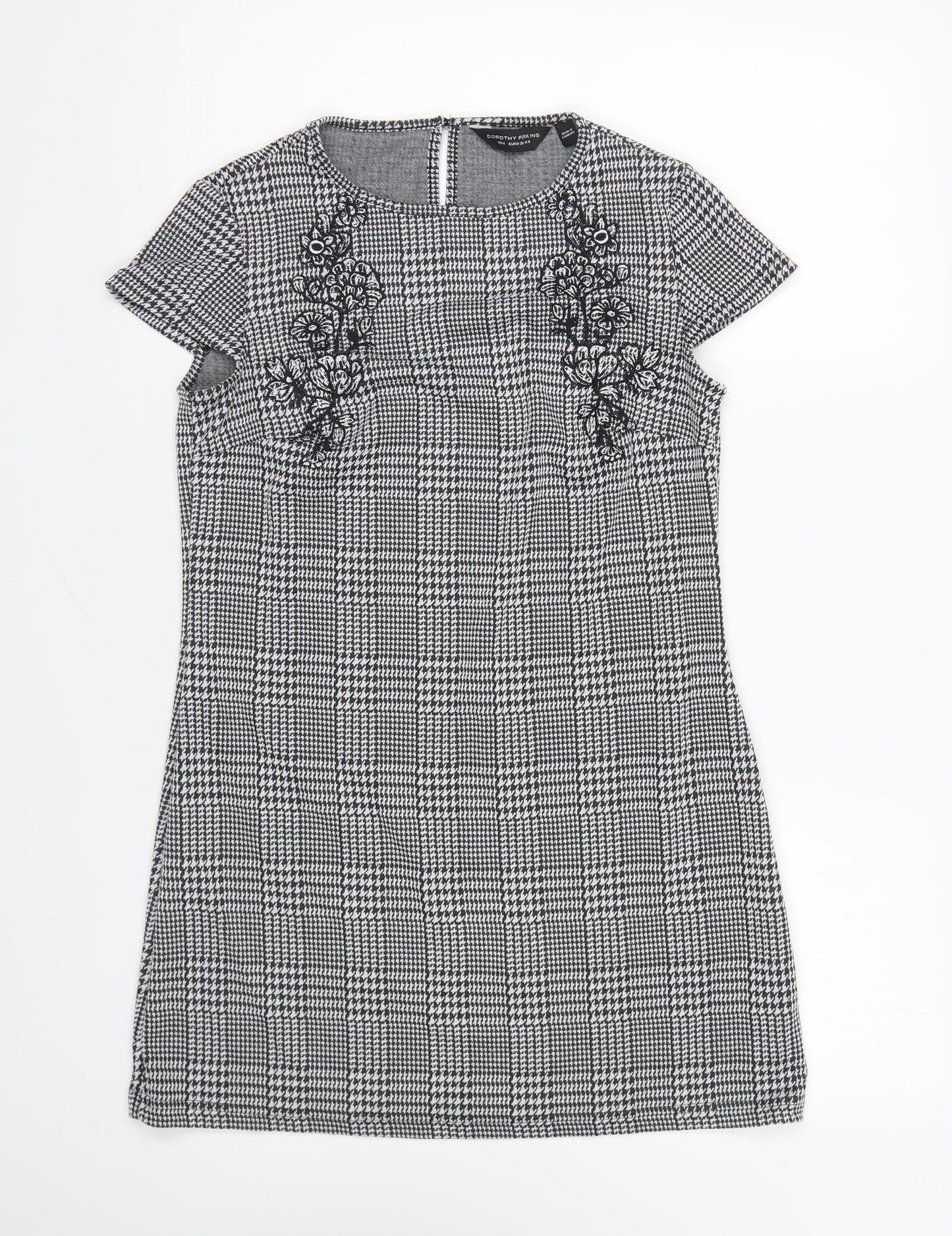 Dorothy Perkins Womens Black Houndstooth Polyester Shift Size 8 Round Neck Button