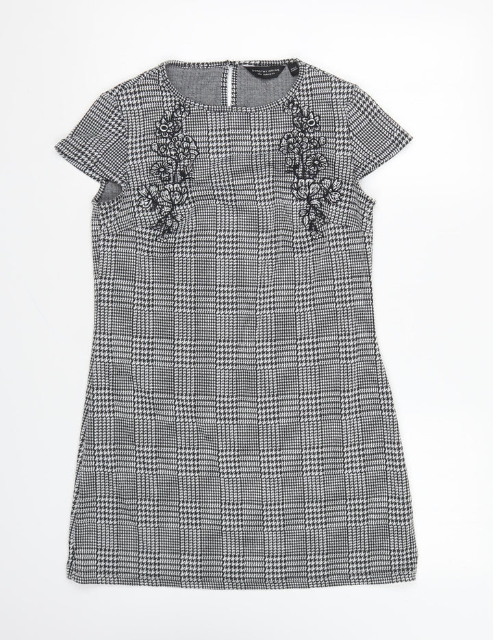 Dorothy Perkins Womens Black Houndstooth Polyester Shift Size 8 Round Neck Button