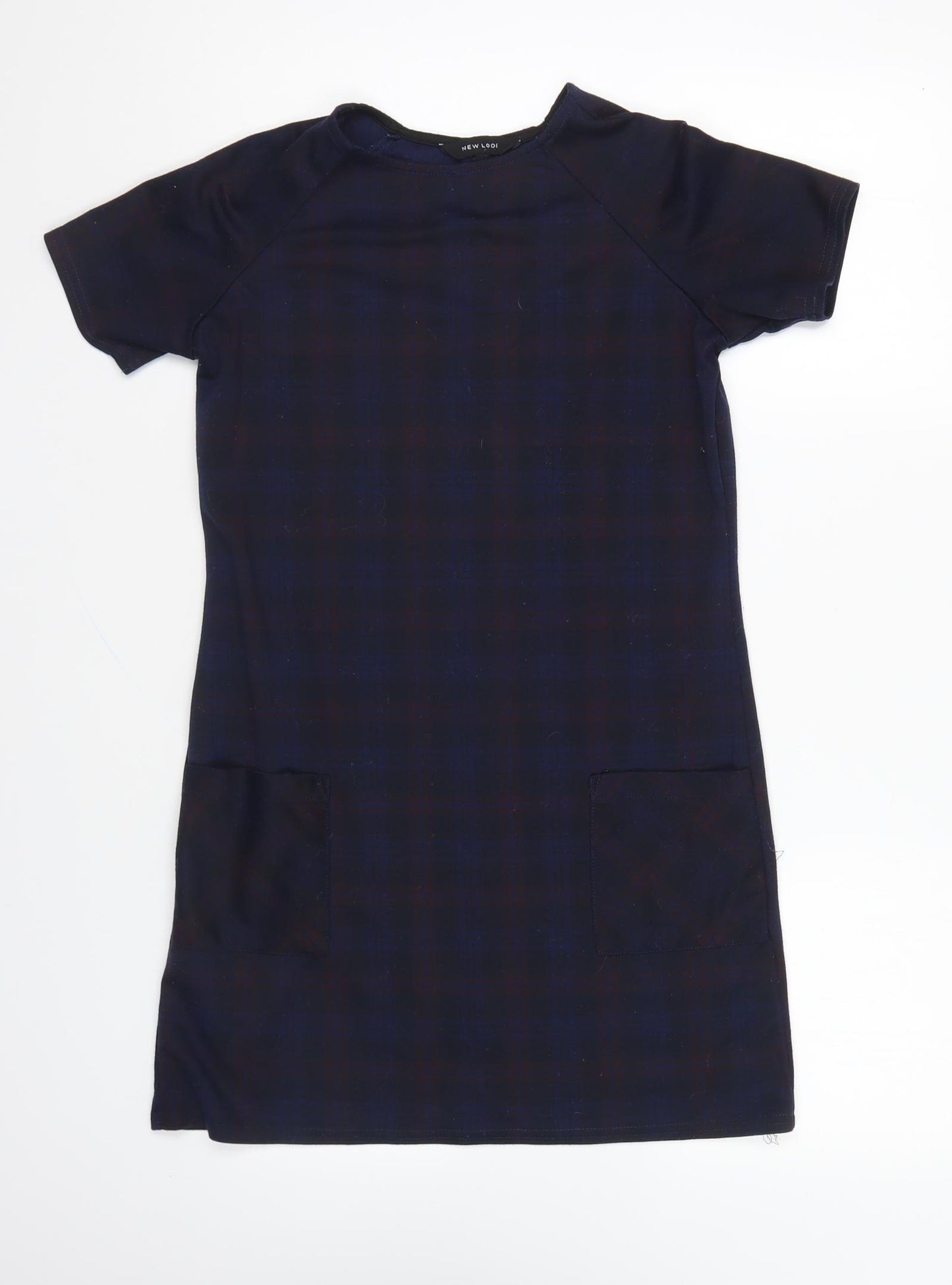 New Look Womens Blue Plaid Polyester Shift Size 8 Round Neck Pullover
