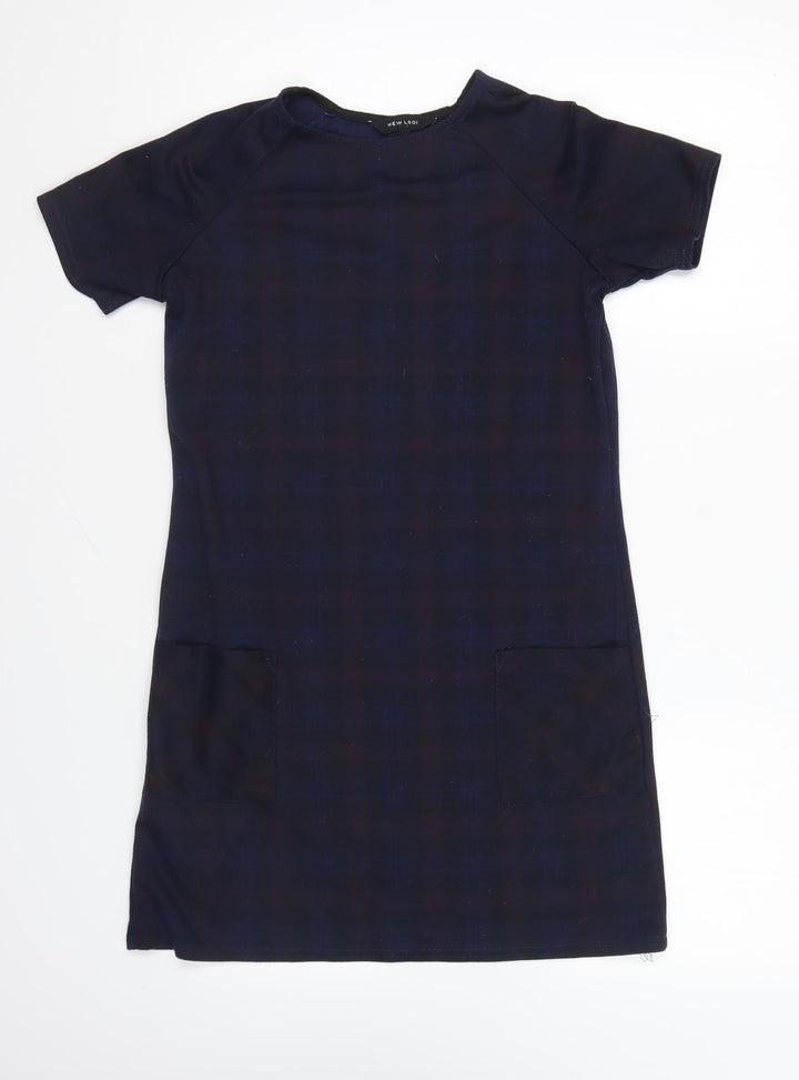 New Look Womens Blue Plaid Polyester Shift Size 8 Round Neck Pullover