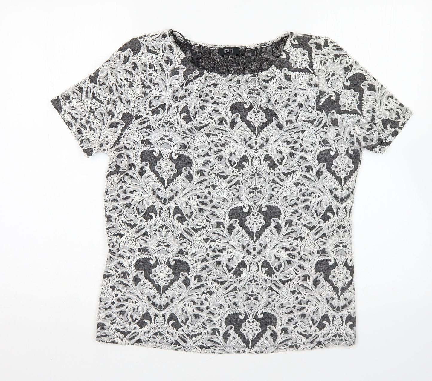 F&F Womens Black Geometric Polyester Basic Blouse Size 14 Round Neck