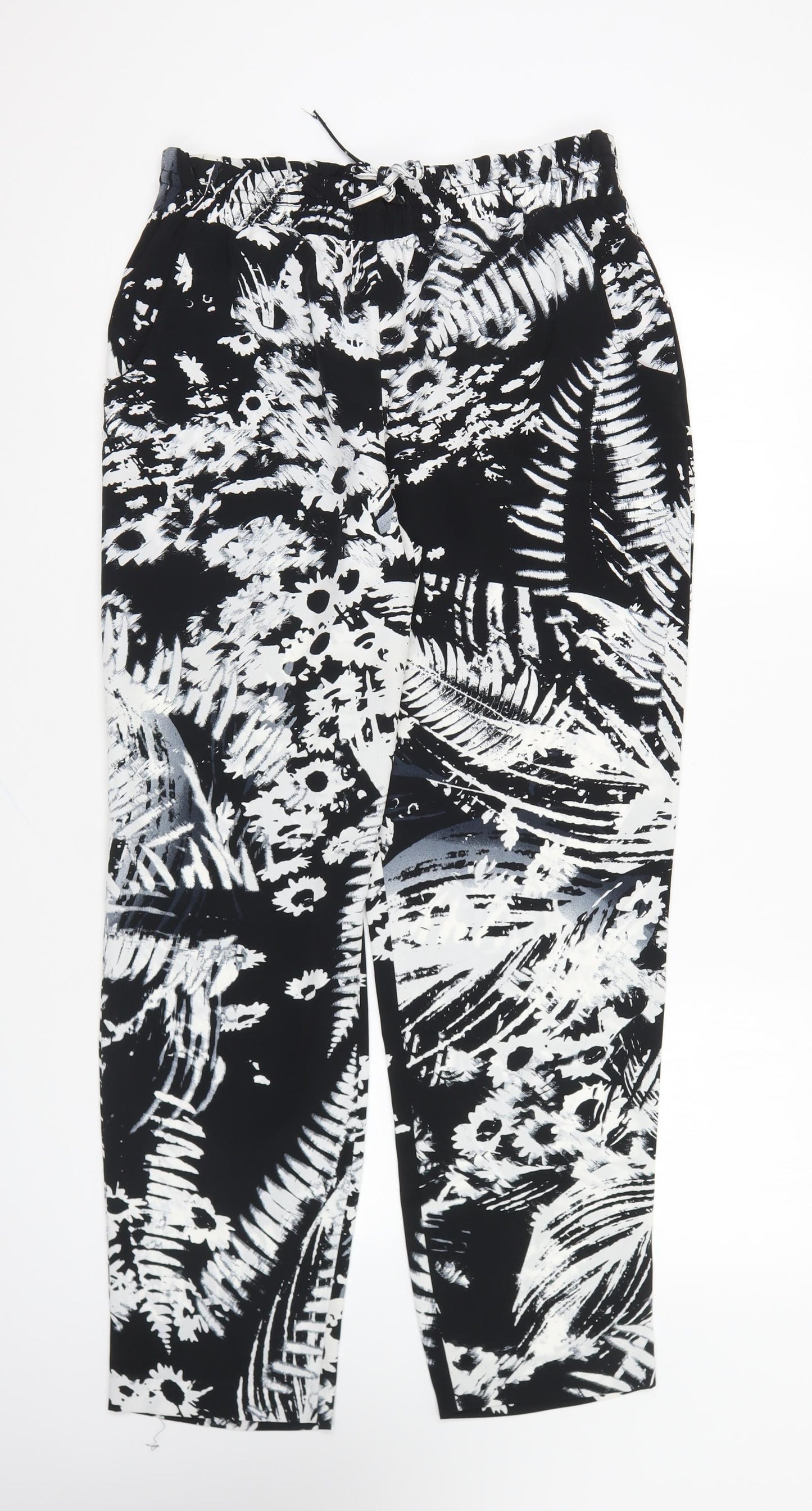 Papaya Womens Black Floral Polyester Trousers Size 12 L28 in Regular Drawstring