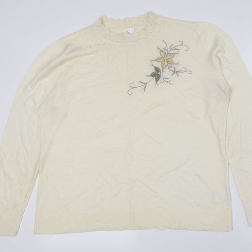 Preworn Womens Yellow Crew Neck Floral Acrylic Pullover Jumper Size 14