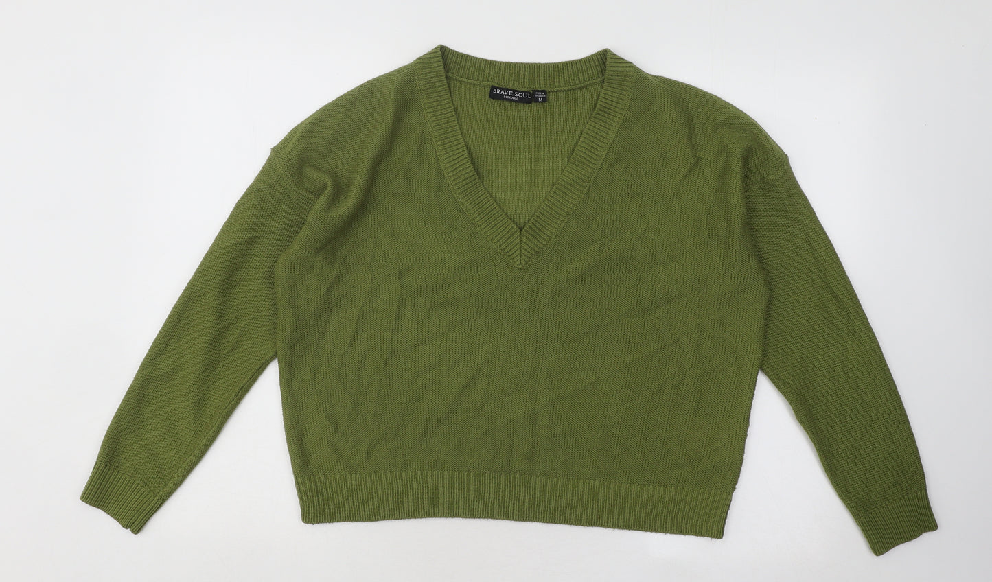 Brave Soul Womens Green V-Neck Acrylic Pullover Jumper Size M