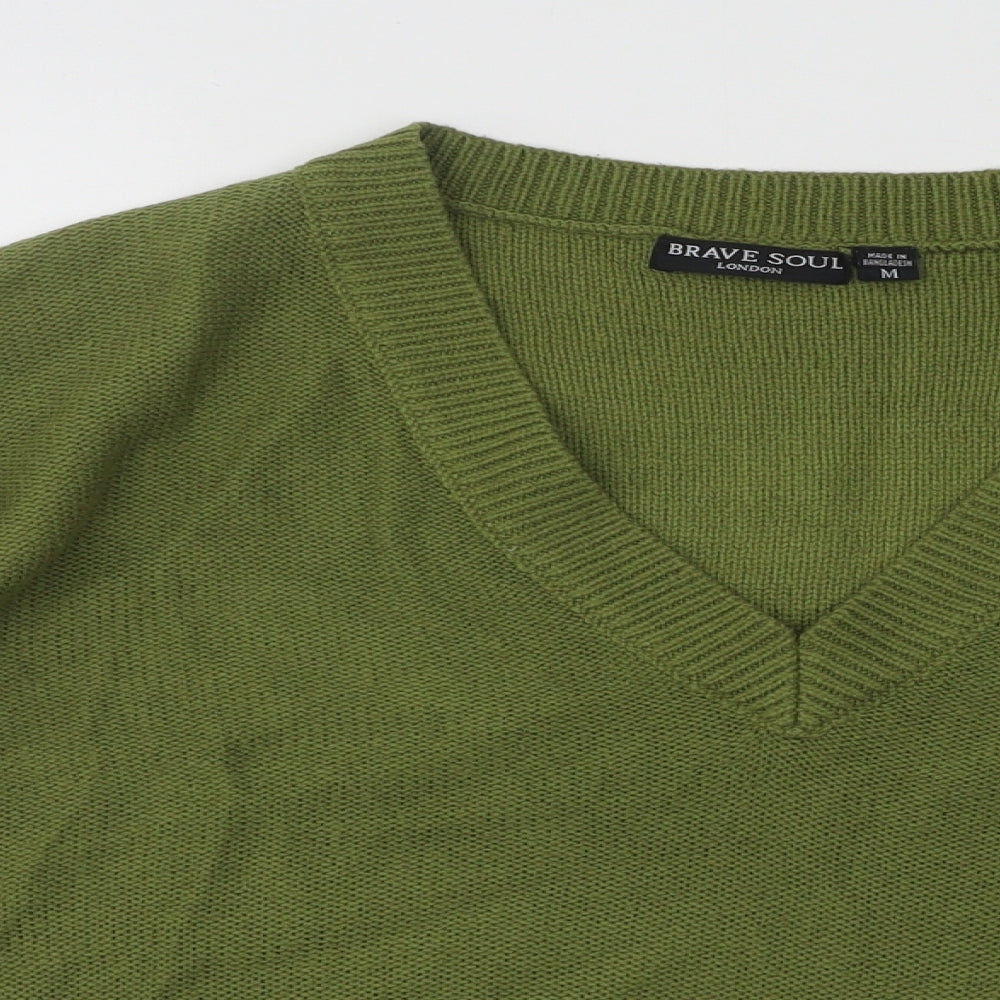 Brave Soul Womens Green V-Neck Acrylic Pullover Jumper Size M
