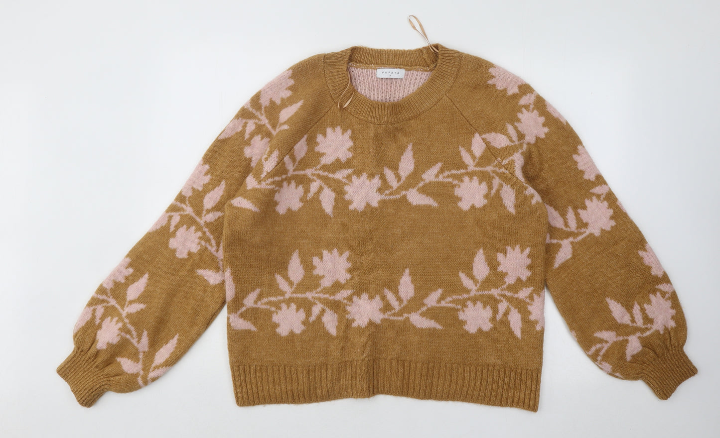 Papaya Womens Brown Round Neck Floral Acrylic Pullover Jumper Size M