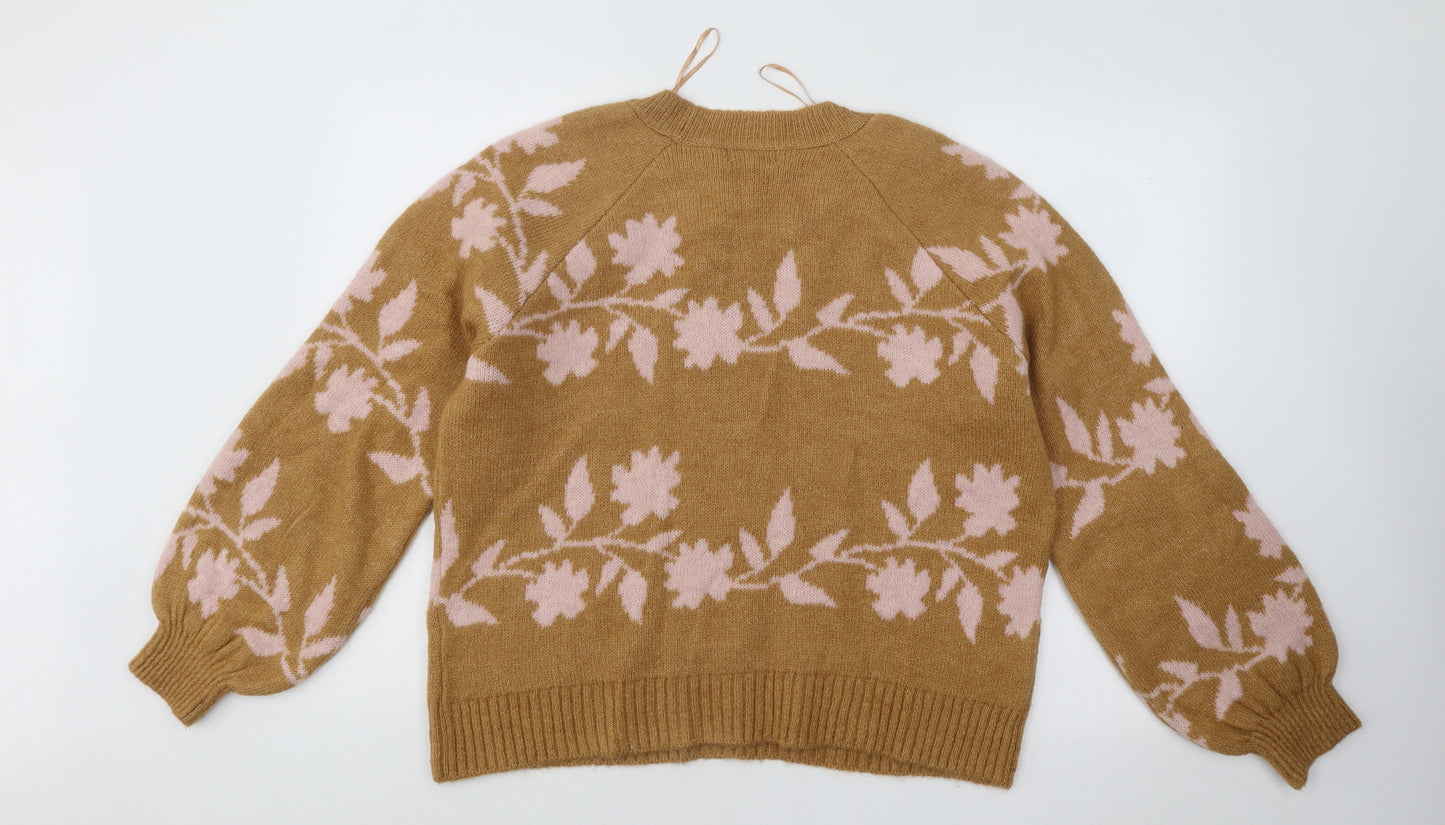 Papaya Womens Brown Round Neck Floral Acrylic Pullover Jumper Size M