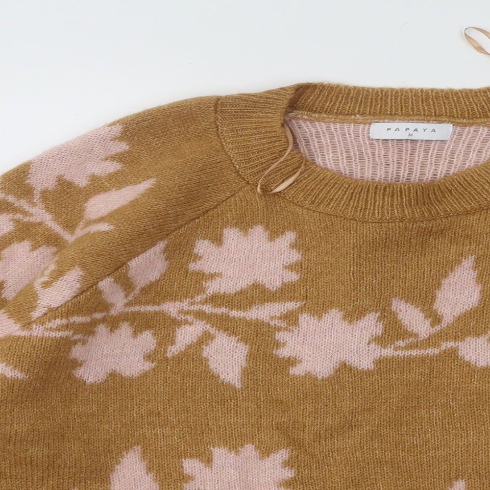 Papaya Womens Brown Round Neck Floral Acrylic Pullover Jumper Size M