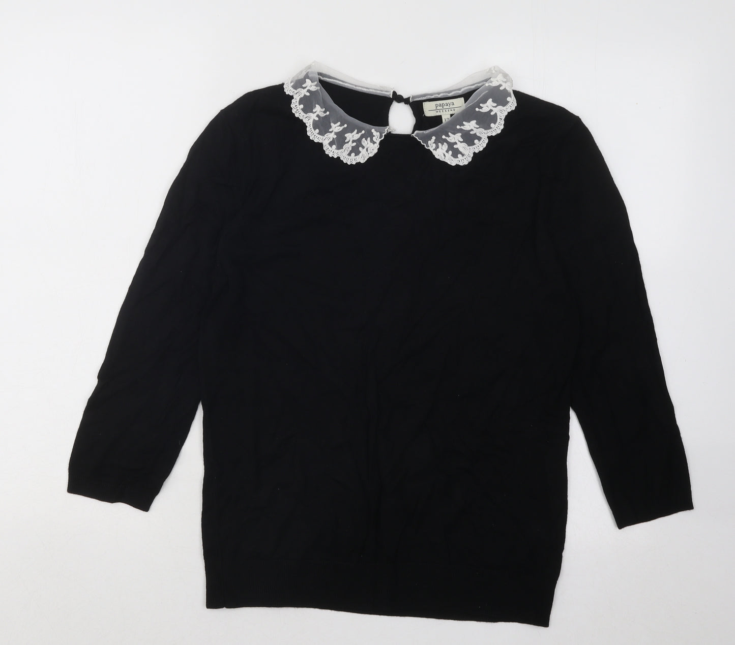 Papaya Womens Black Collared Viscose Pullover Jumper Size 12 - Lace Collar
