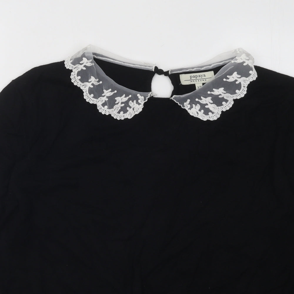 Papaya Womens Black Collared Viscose Pullover Jumper Size 12 - Lace Collar