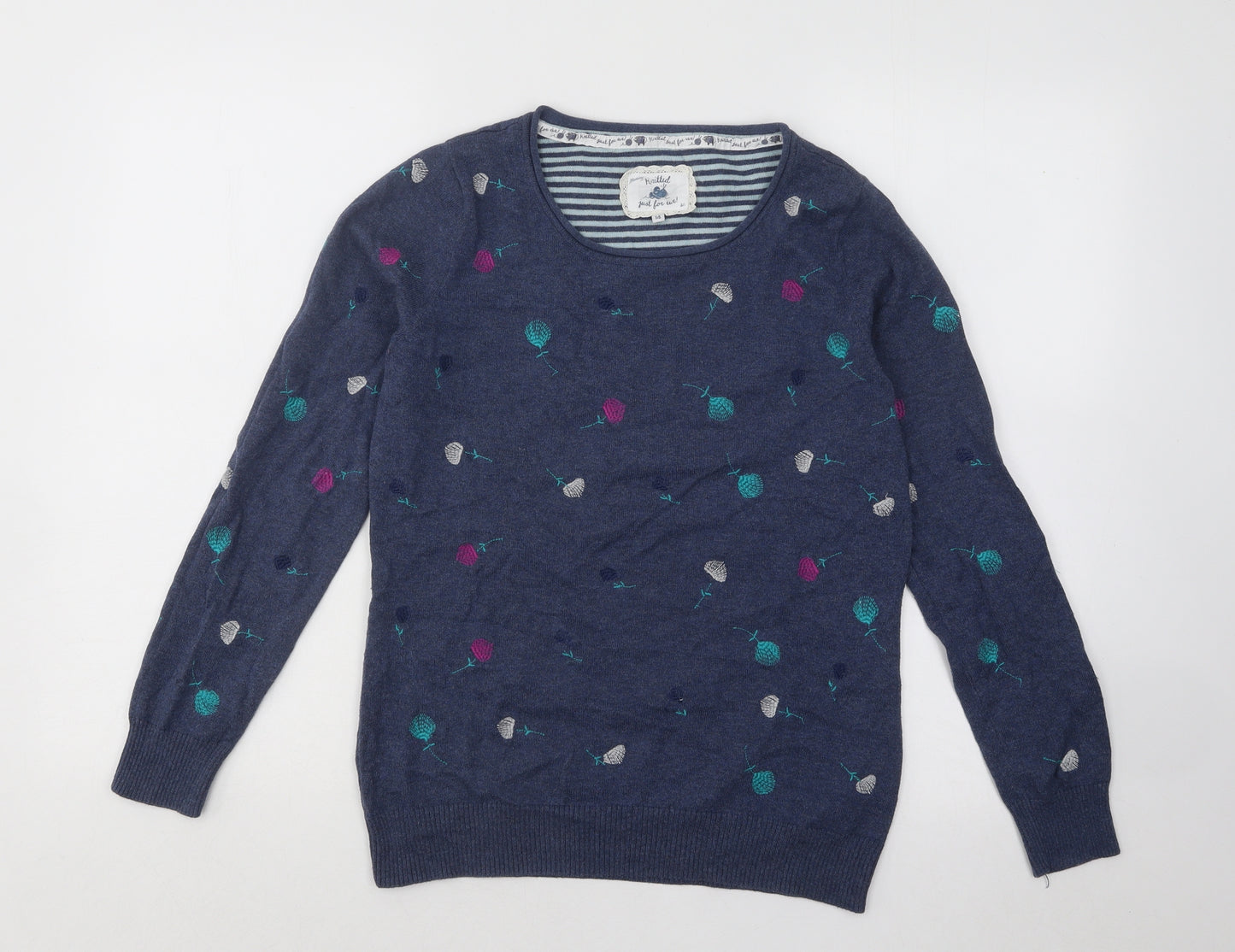 Mantaray Womens Blue Round Neck Floral Cotton Pullover Jumper Size 14