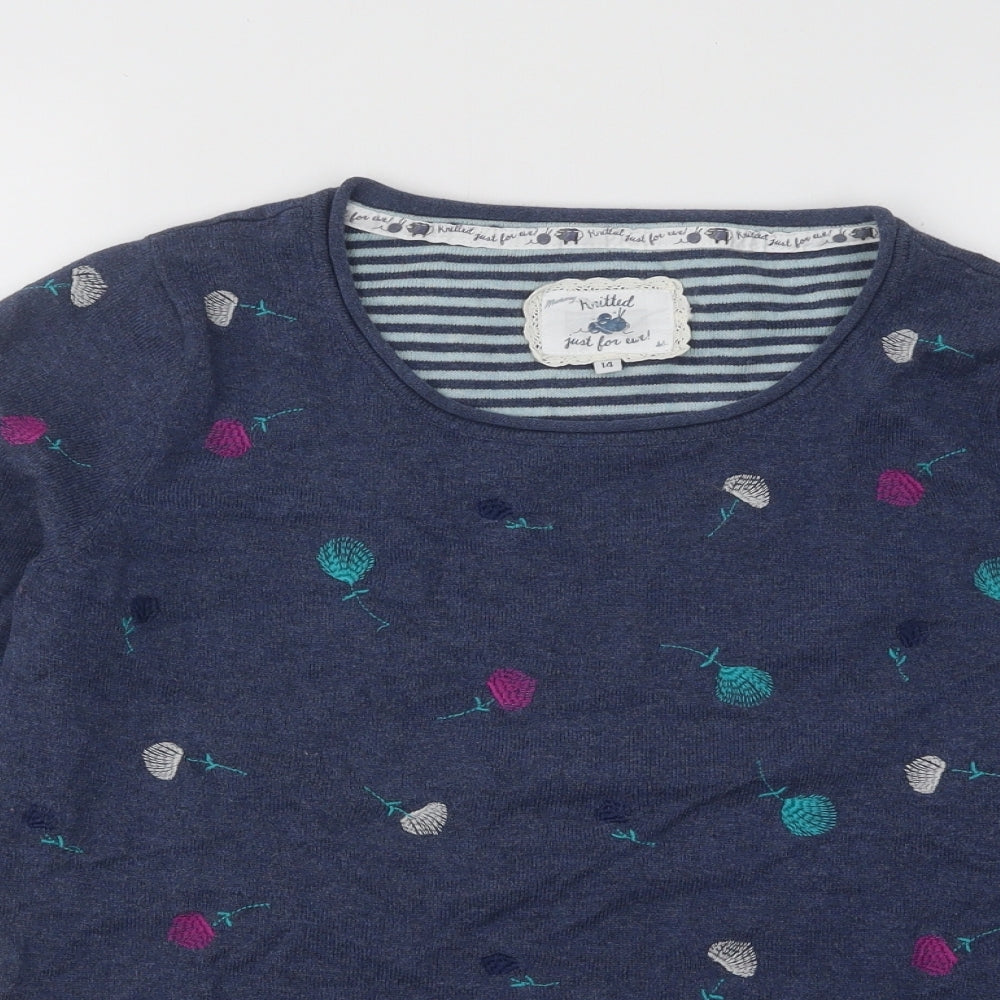 Mantaray Womens Blue Round Neck Floral Cotton Pullover Jumper Size 14