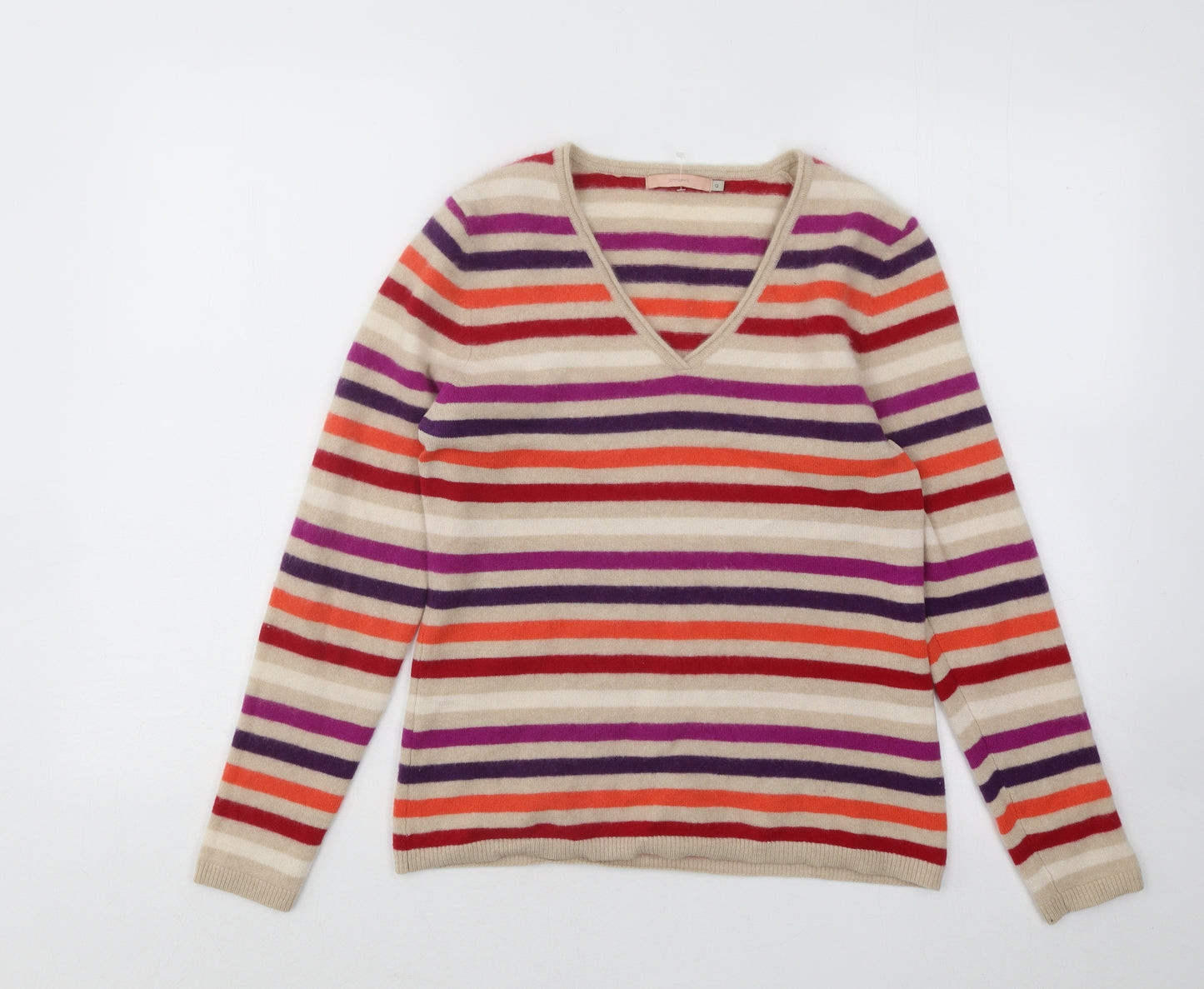 Joh Lewis Womens Multicoloured V-Neck Striped Cashmere Pullover Jumper Size 12