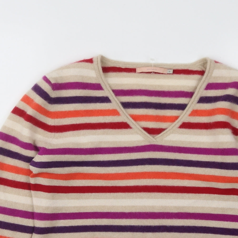 Joh Lewis Womens Multicoloured V-Neck Striped Cashmere Pullover Jumper Size 12