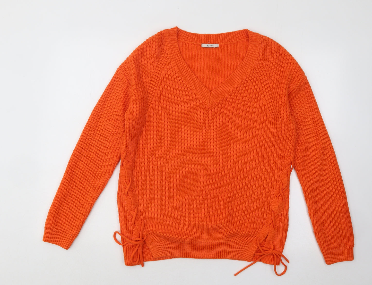 TU Womens Orange V-Neck Acrylic Pullover Jumper Size 14