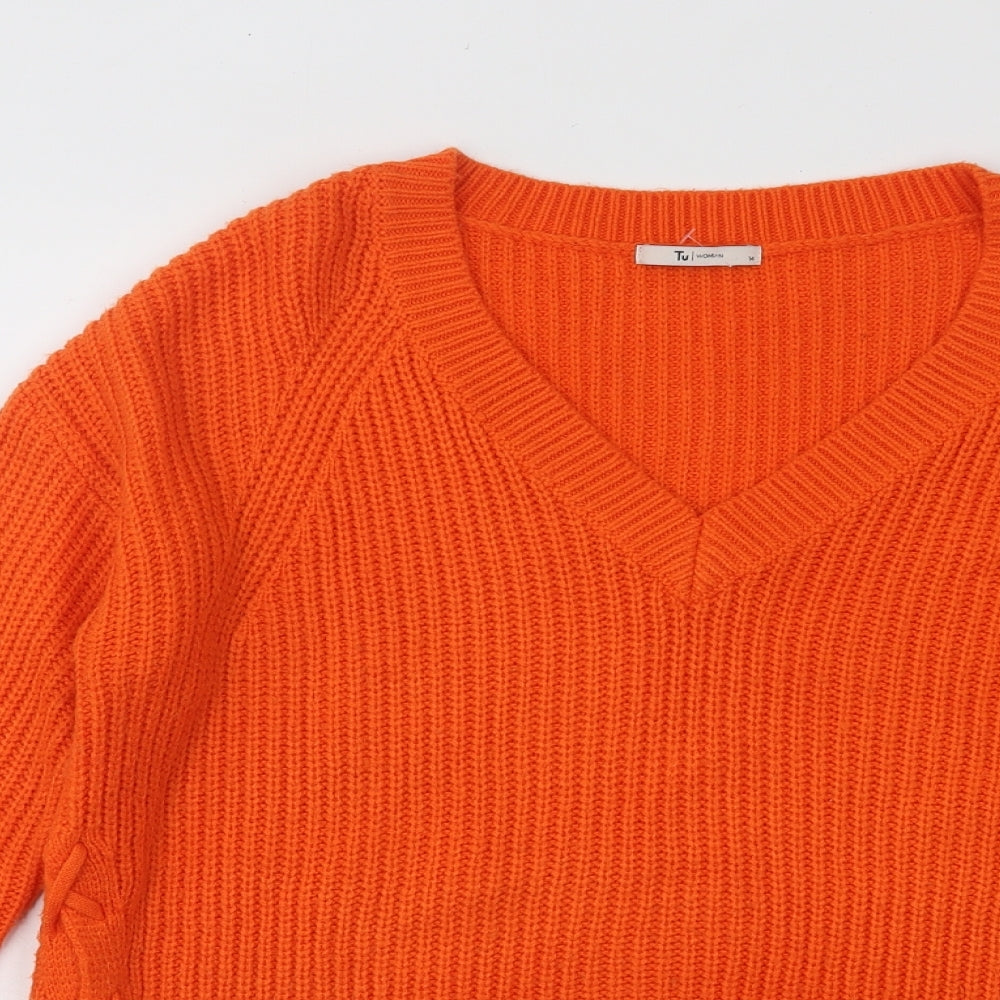 TU Womens Orange V-Neck Acrylic Pullover Jumper Size 14
