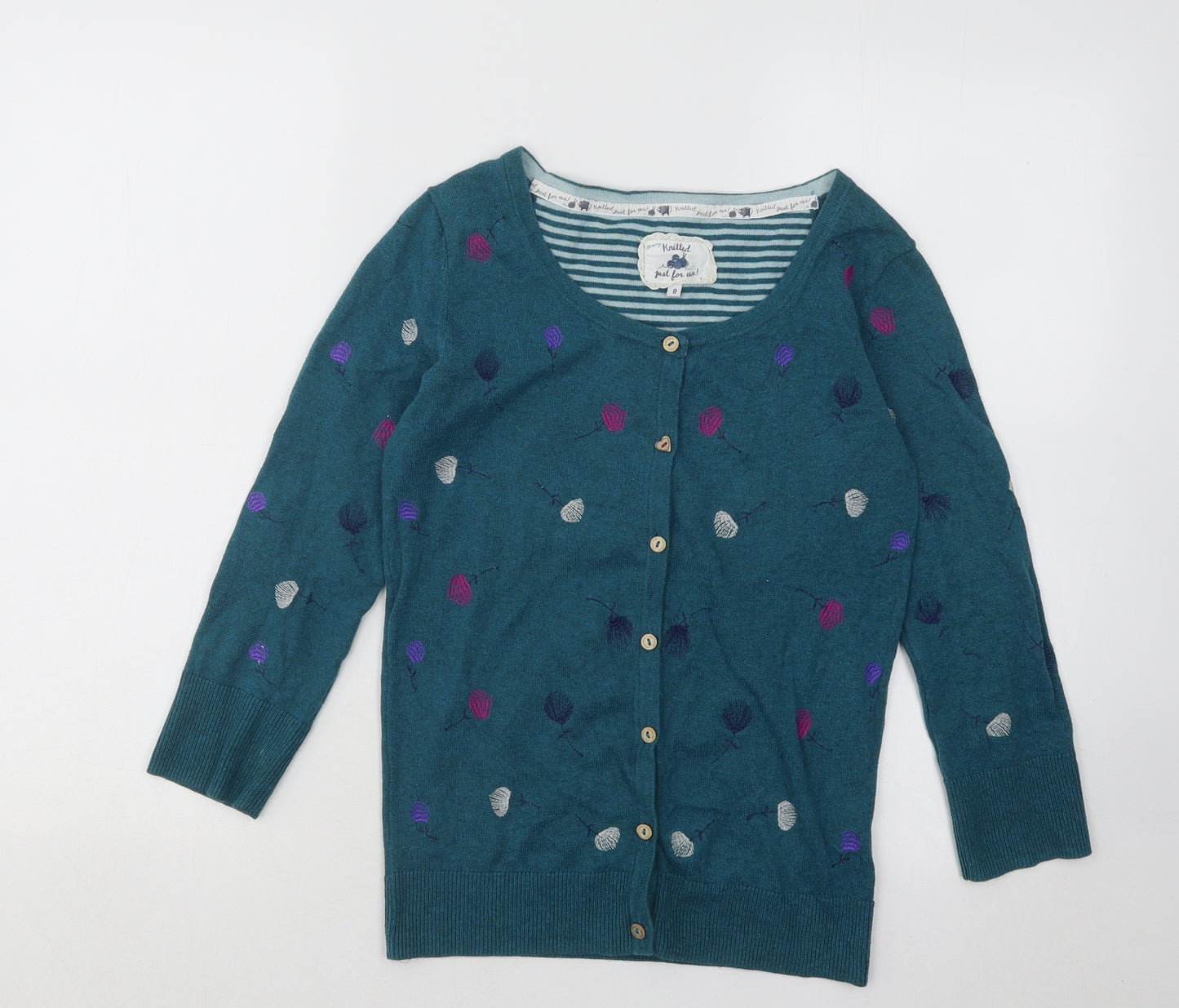 MANTARAY PRODUCTS Womens Blue Scoop Neck Floral Cotton Cardigan Jumper Size 8