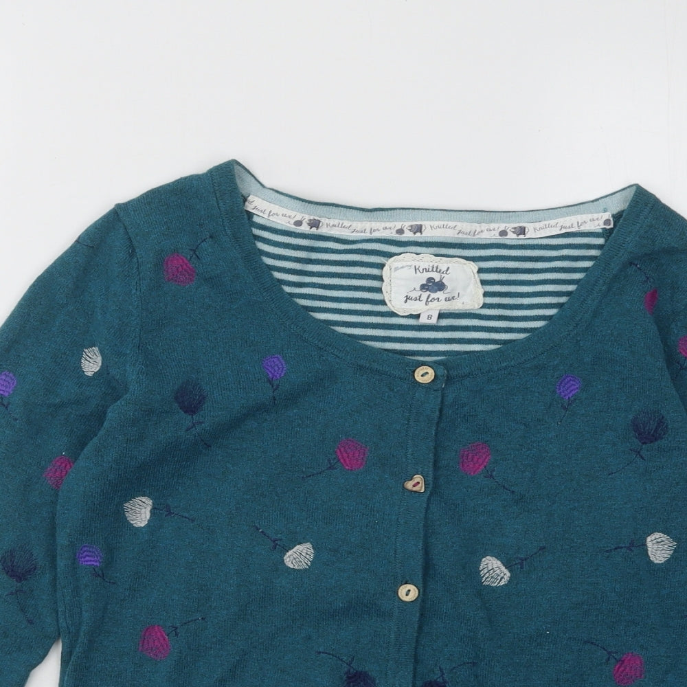 MANTARAY PRODUCTS Womens Blue Scoop Neck Floral Cotton Cardigan Jumper Size 8