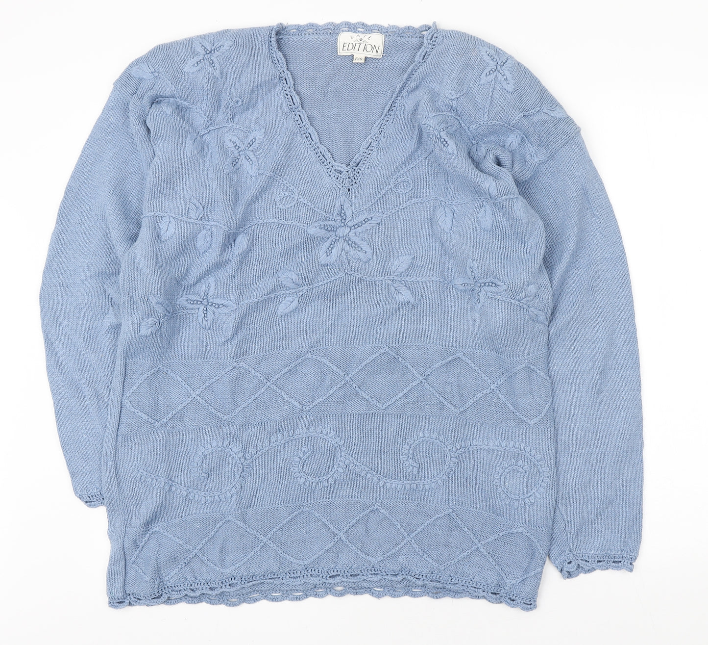 Late Edition Womens Blue V-Neck Ramie Pullover Jumper Size S - Embroidery