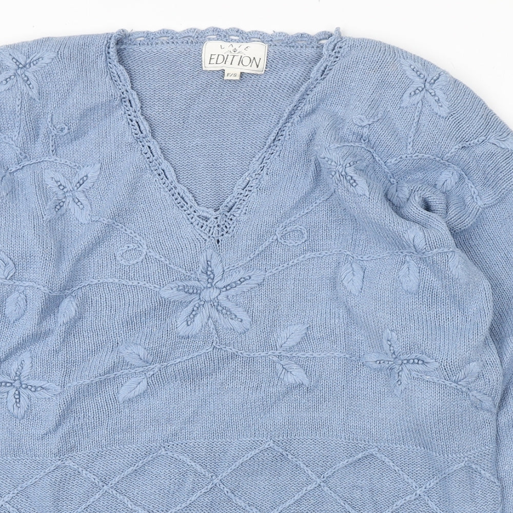 Late Edition Womens Blue V-Neck Ramie Pullover Jumper Size S - Embroidery