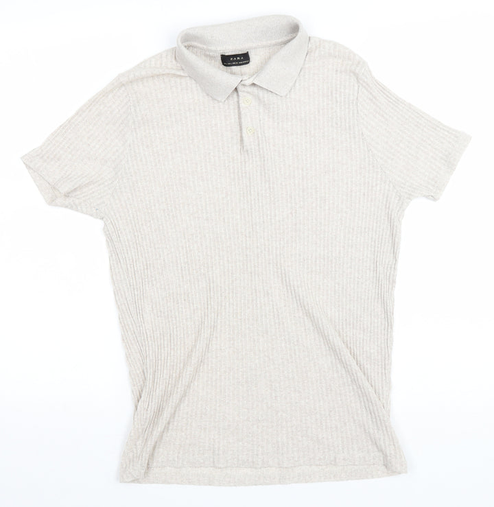 Zara Womens Beige Cotton Basic Polo Size L Collared