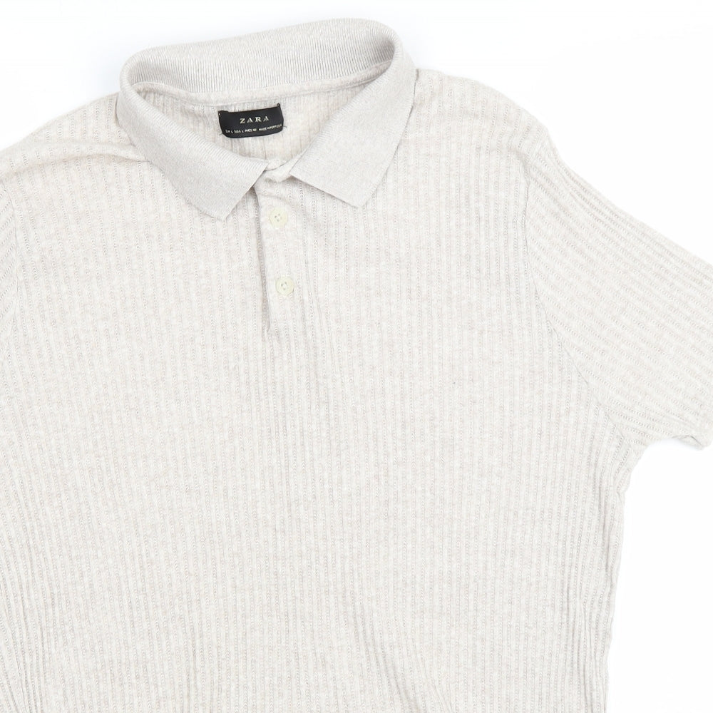 Zara Womens Beige Cotton Basic Polo Size L Collared