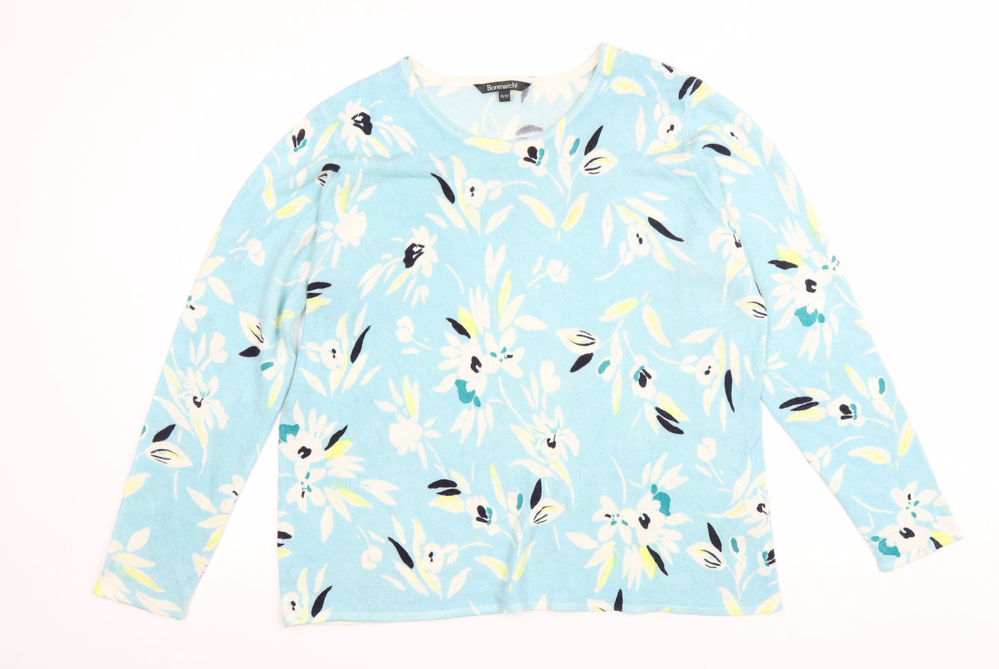Bonmarché Womens Blue Scoop Neck Floral Acrylic Pullover Jumper Size 20
