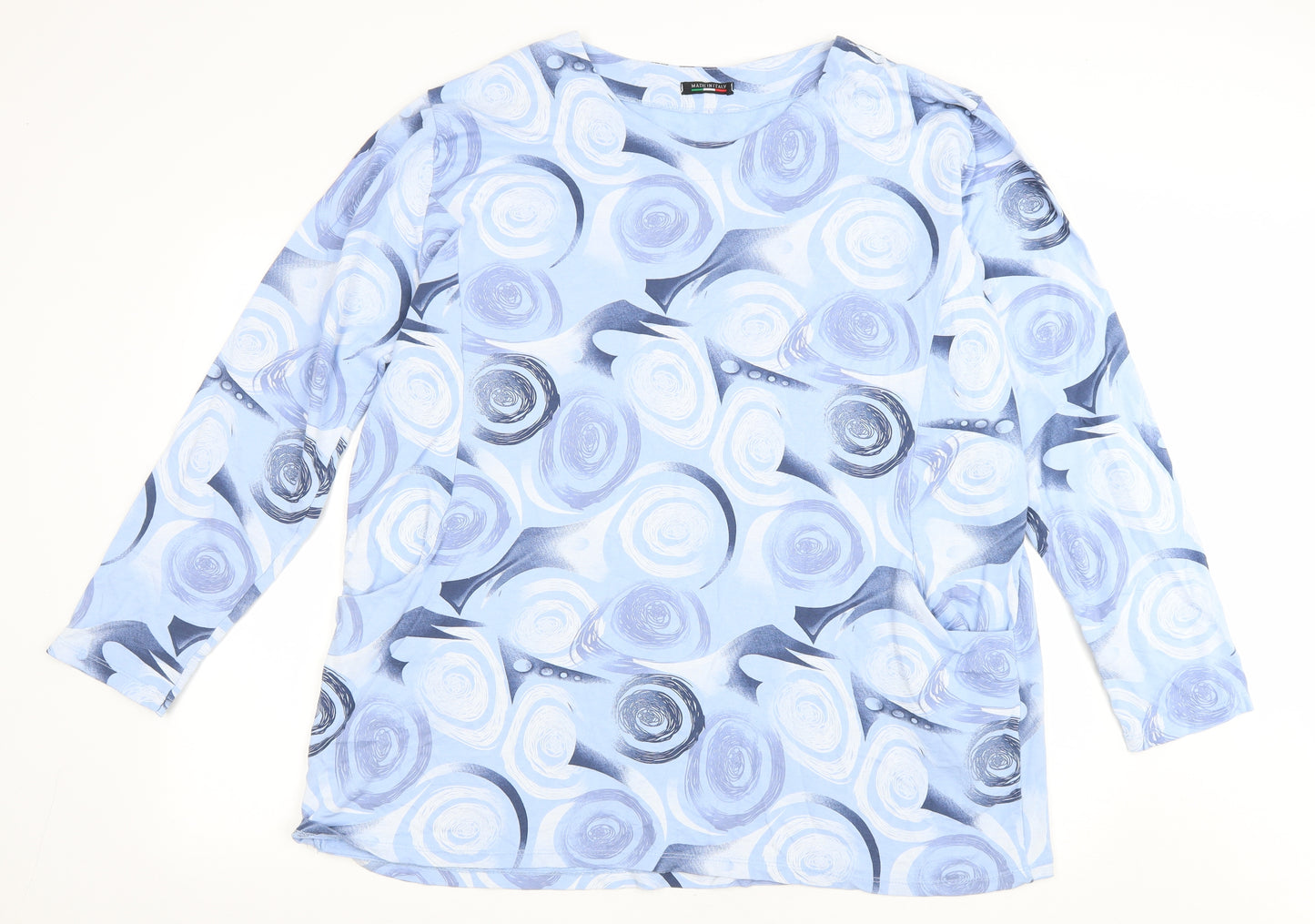 Made in Italy Womens Blue Geometric Polyester Basic T-Shirt Size 2XL Scoop Neck - Spirals