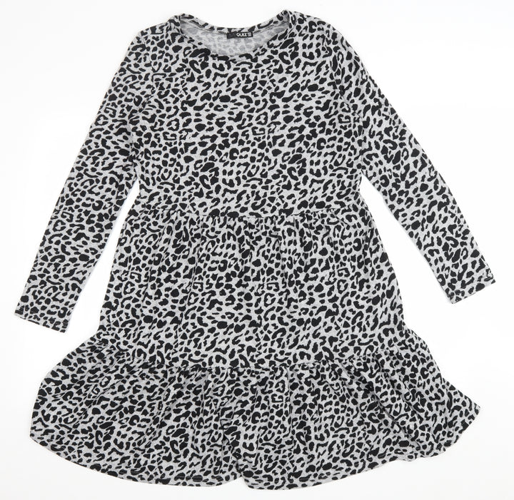 Quiz Womens Grey Animal Print Polyester A-Line Size 10 Scoop Neck Pullover - Leopard