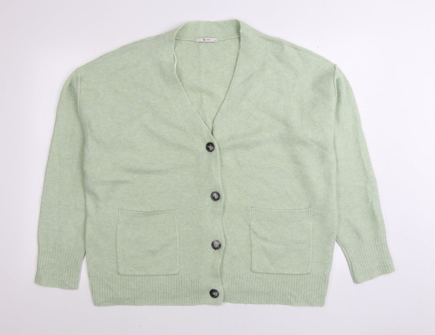 TU Womens Green V-Neck Acrylic Cardigan Jumper Size 16
