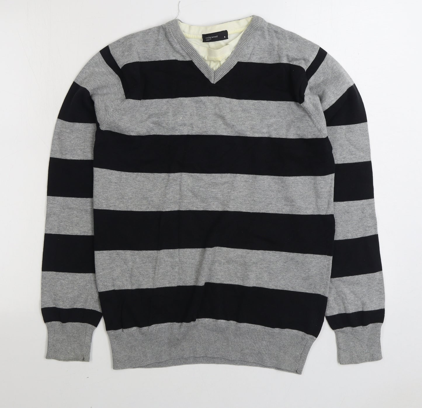 Cedar Wood State Mens Grey V-Neck Striped Cotton Pullover Jumper Size S