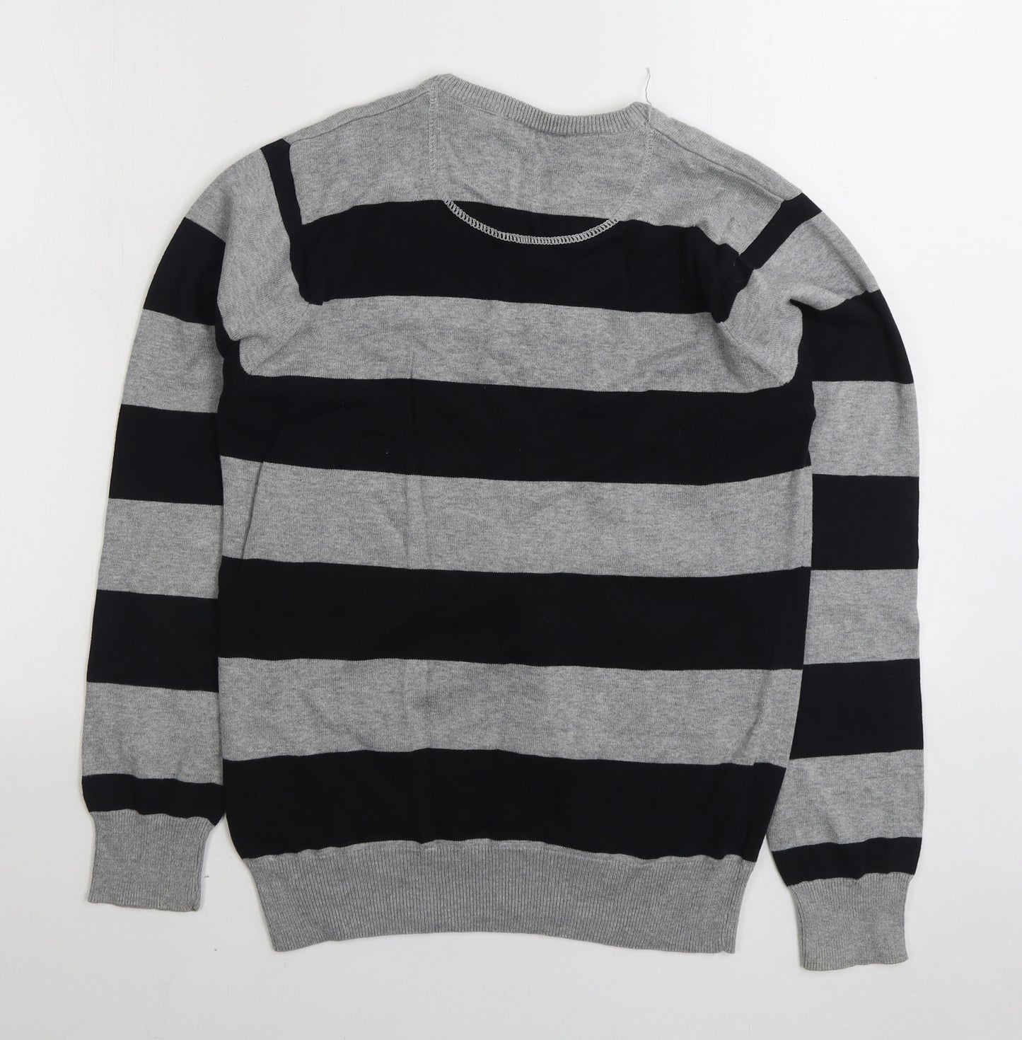 Cedar Wood State Mens Grey V-Neck Striped Cotton Pullover Jumper Size S