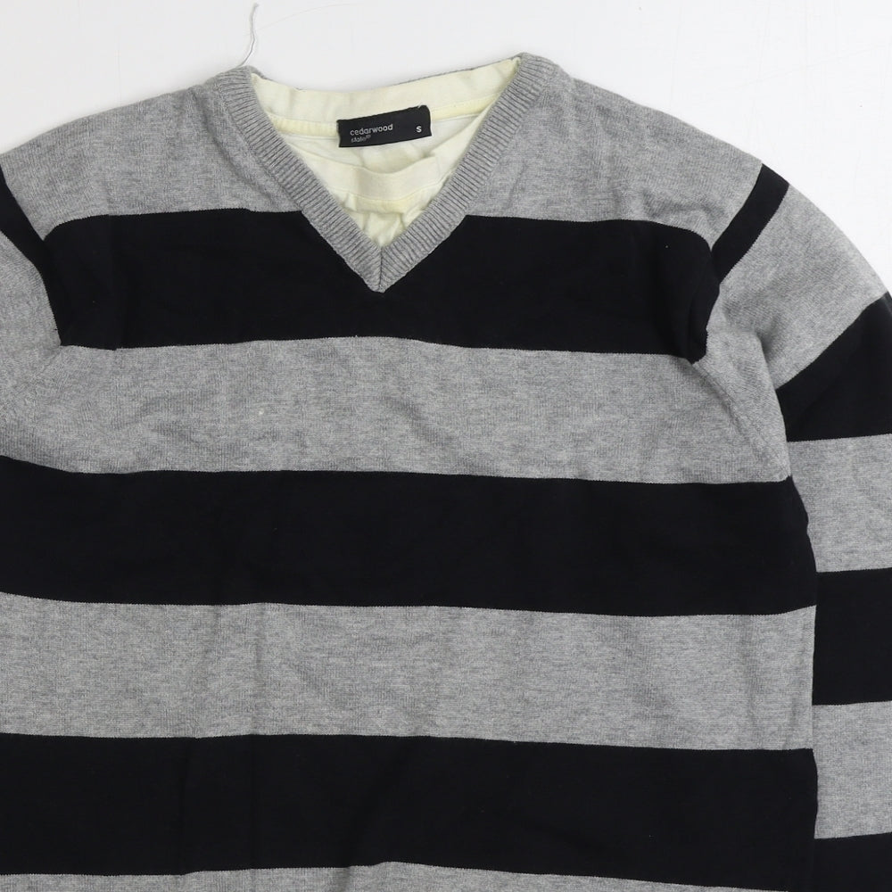 Cedar Wood State Mens Grey V-Neck Striped Cotton Pullover Jumper Size S