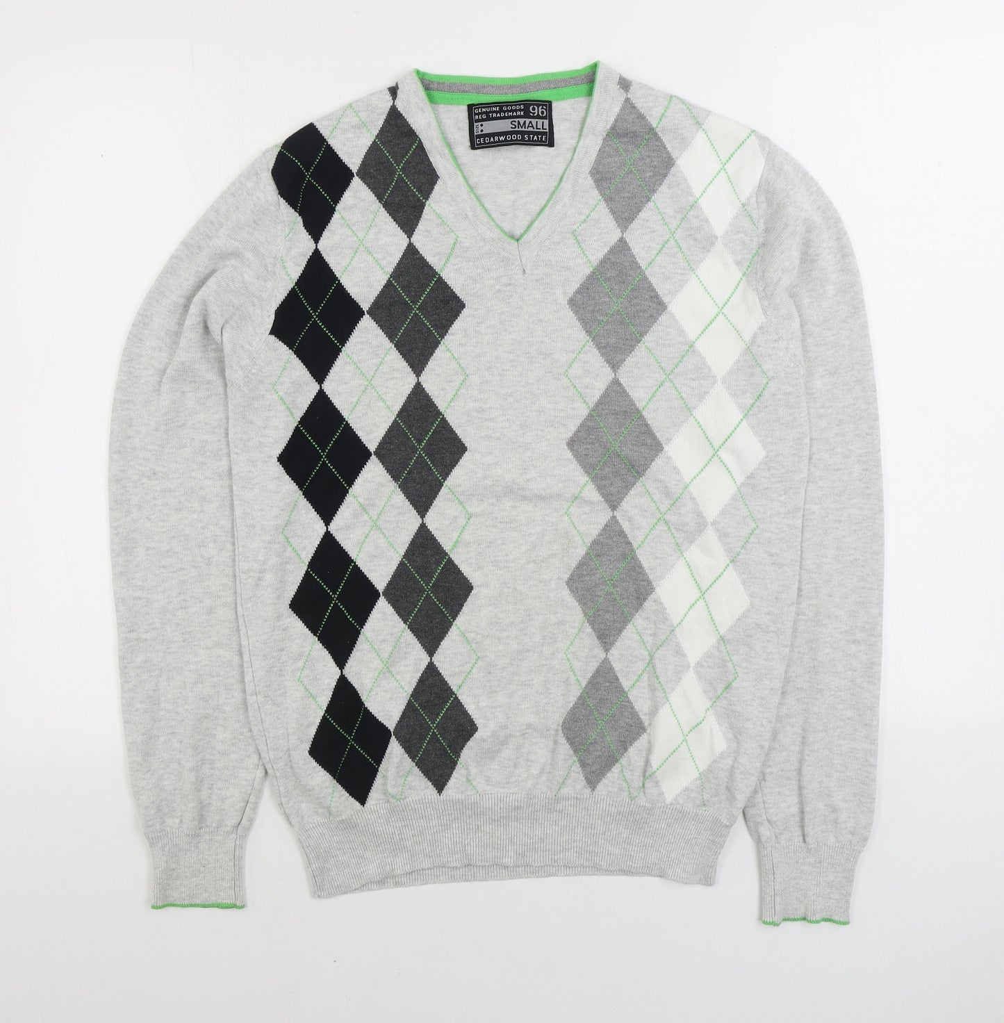Cedar Wood State Mens Grey V-Neck Argyle/Diamond Cotton Pullover Jumper Size S