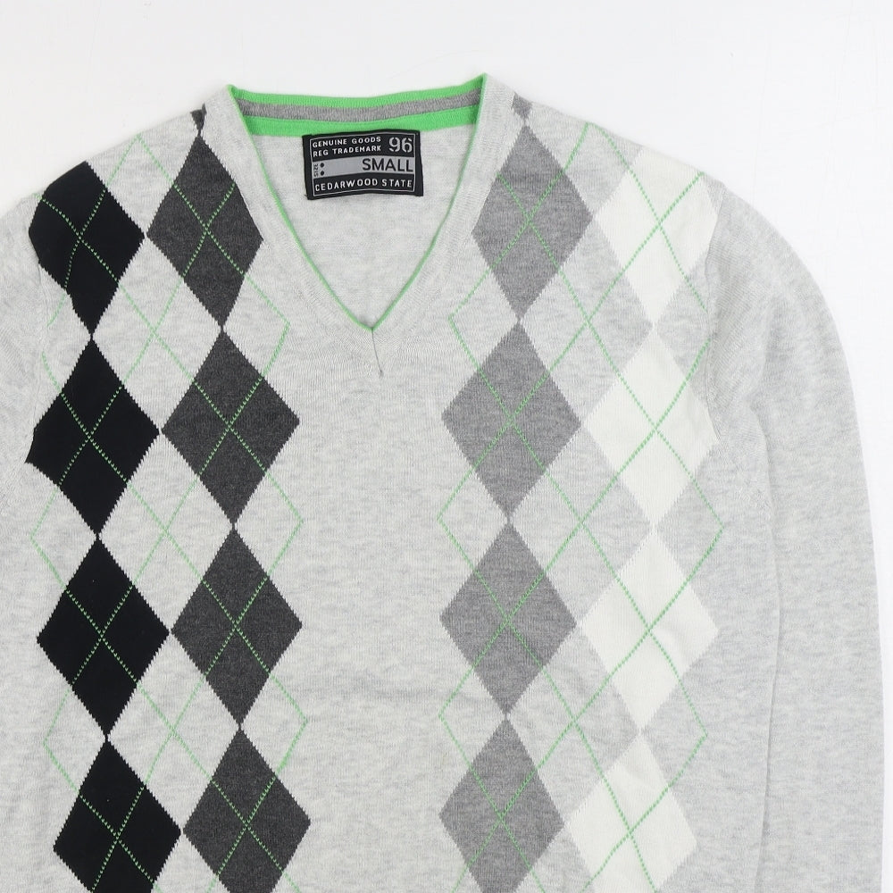 Cedar Wood State Mens Grey V-Neck Argyle/Diamond Cotton Pullover Jumper Size S