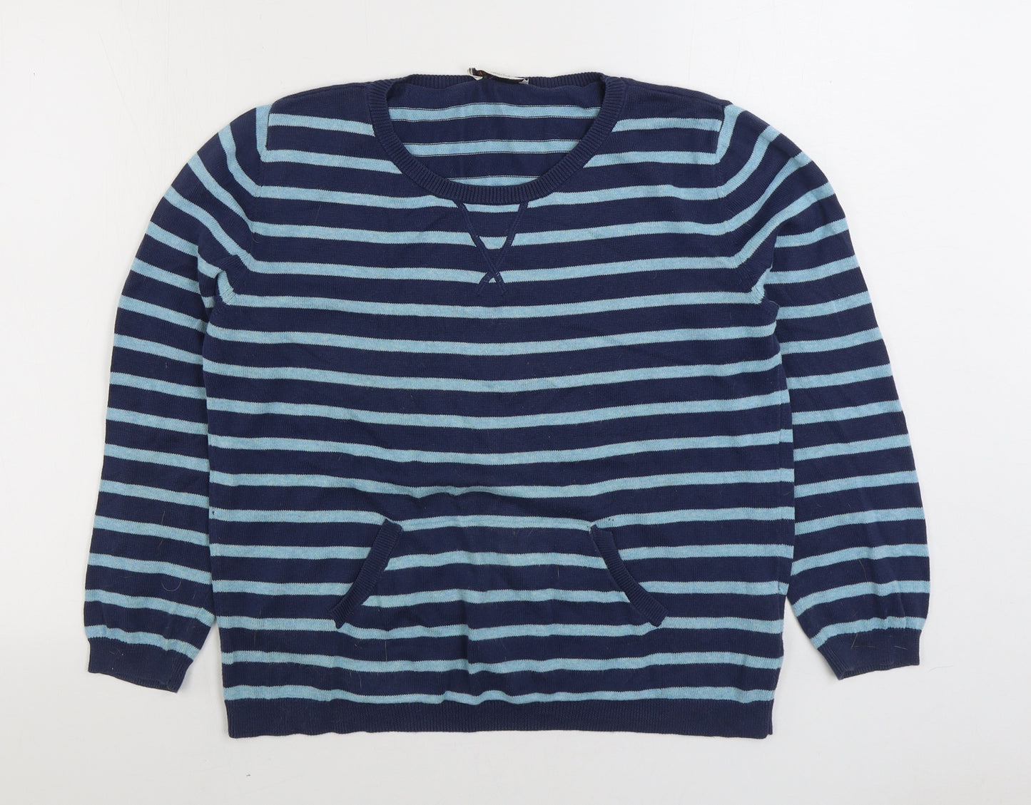 Marks and Spencer Womens Blue Round Neck Striped 100% Cotton Pullover Jumper Size 12